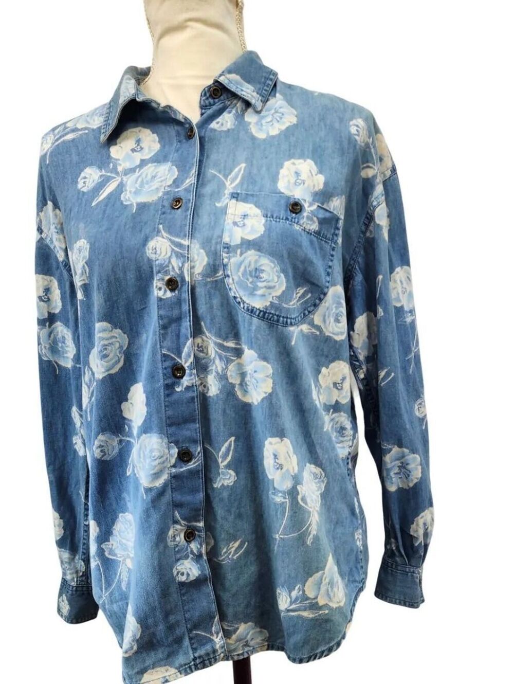 Vintage Early 90s Floral Denim Button Up Shirt Size Large